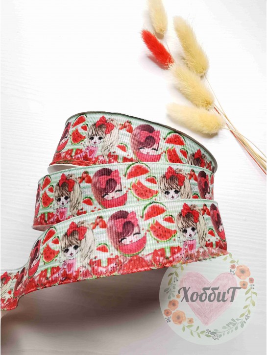 Лента репсовая с рисунком "Девочка с арбузом" 2,5см.